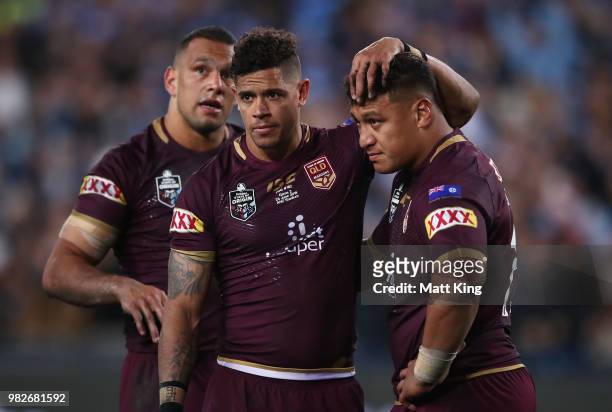 Dane Gagai and Josh Papalii of the Maroons look dejected at fulltime during game two of the State of Origin series between the New South Wales Blues...