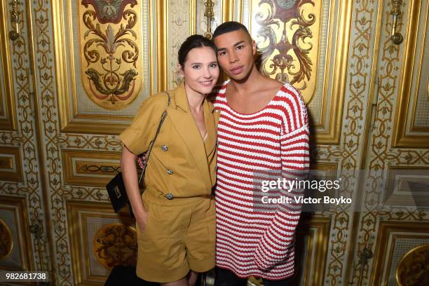 Virginie Ledoyen and Olivier Rousteing attend the Balmain Menswear Spring/Summer 2019 show as part of Paris Fashion Week on June 24, 2018 in Paris,...