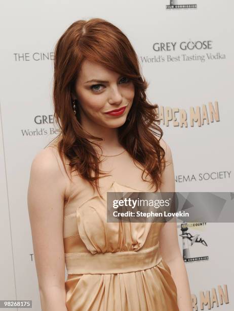 Actress Emma Stone attends the Cinema Society with UGG & Suffolk County Film Commission's screening of "Paper Man" at the Crosby Street Hotel on...