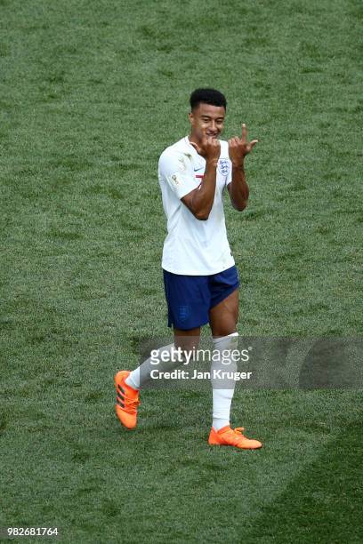 Jesse Lingard of England celebrates after scoring his team's third goal during the 2018 FIFA World Cup Russia group G match between England and...