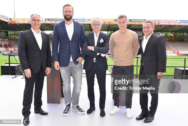 Hans-Bahne Hansen, Robert Harting, Marcel Reif, Felix Kroos and Rene Rudelt during the presentation of the new Mercedes-Benz Sprinter on June 23,...