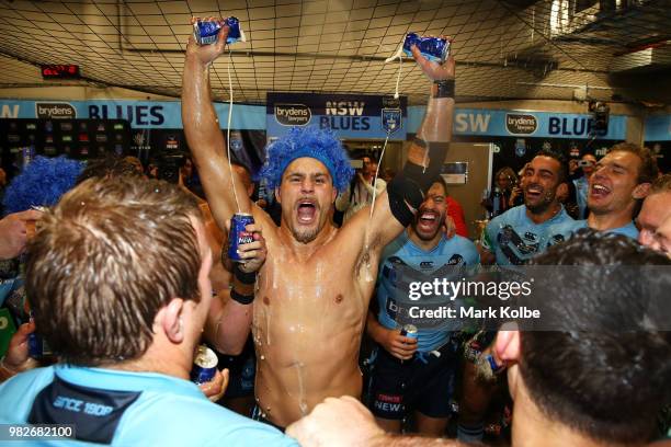 Jack de Belin of the Blues and the Blues celebrate victory after game two of the State of Origin series between the New South Wales Blues and the...