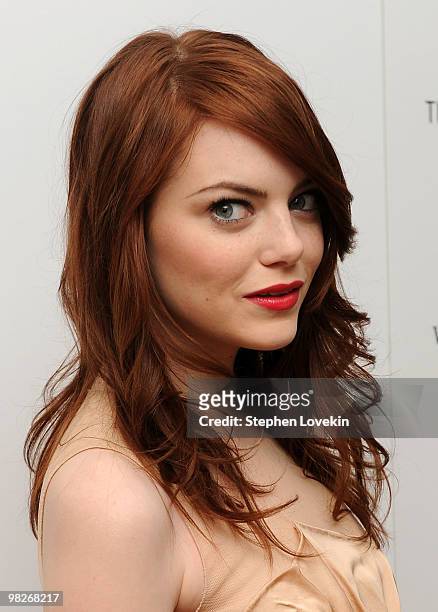 Actress Emma Stone attends the Cinema Society with UGG & Suffolk County Film Commission's screening of "Paper Man" at the Crosby Street Hotel on...