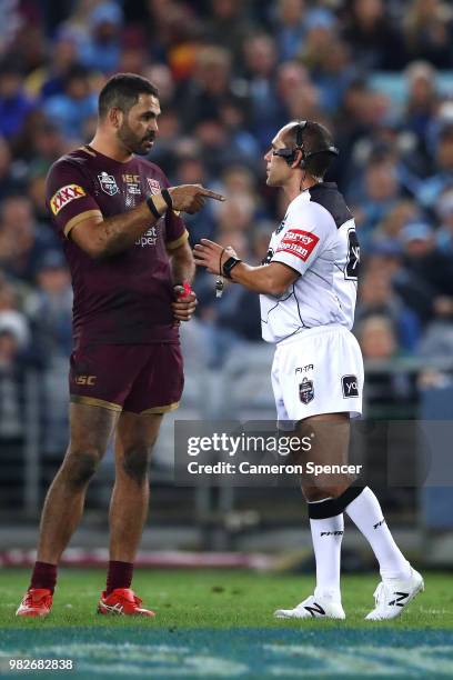 Greg Inglis of Queensland talks to referee Ashley Klein during game two of the State of Origin series between the New South Wales Blues and the...