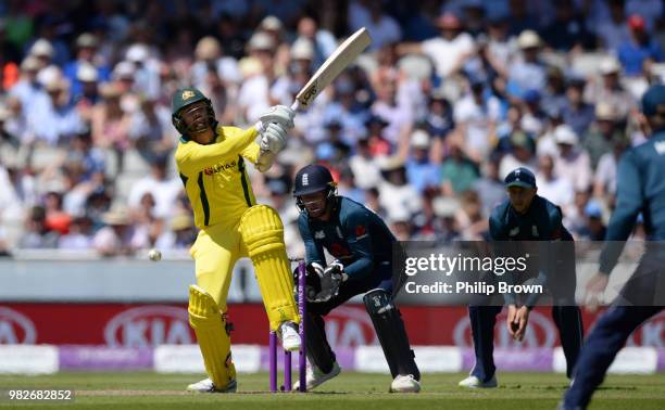 Nathan Lyon of Australia is hit on the pad and given out lbw during the fifth Royal London One-Day International match between England and Australia...