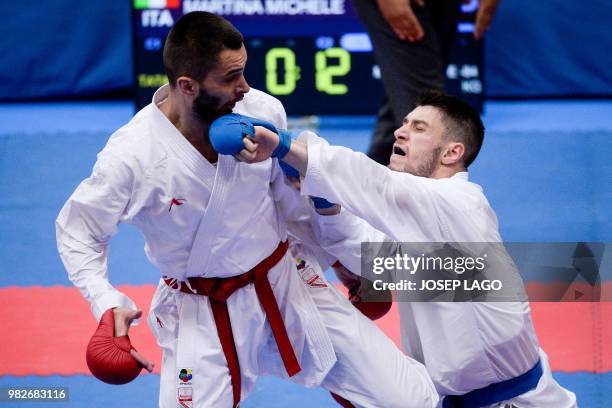 Meris Muhovic from Bosnia and Michele Martina from Italy compete during Mens Less than 84 Kg Match 121 Karate competition of the XVIII Mediterranean...