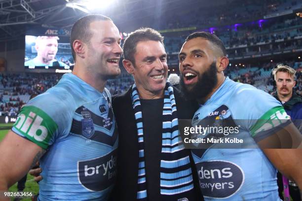 Boyd Cordner, Blues coach Brad Fittler and Josh Addo-Carr of the Blues celebrates victory during game two of the State of Origin series between the...