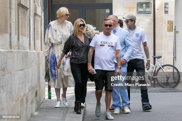Actress Gwendoline Christie, supermodel Kate Moss and DJ Fat Tony are seen on June 24, 2018 in Paris, France.