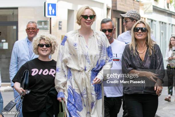 Giles Deacon, Kelly Osbourne, actress Gwendoline Christie and supermodel Kate Moss are seen on June 24, 2018 in Paris, France.