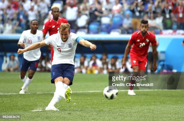 Harry Kane of England scores a penalty for his team's fifth goal during the 2018 FIFA World Cup Russia group G match between England and Panama at...
