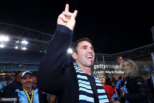 Blues coach Brad Fittler celebrates victory during game two of the State of Origin series between the New South Wales Blues and the Queensland...