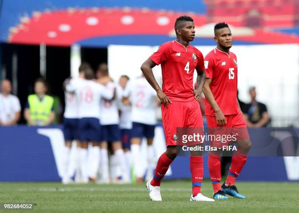 Fidel Escobar and Eric Davis of Panama stand dejected during the 2018 FIFA World Cup Russia group G match between England and Panama at Nizhny...