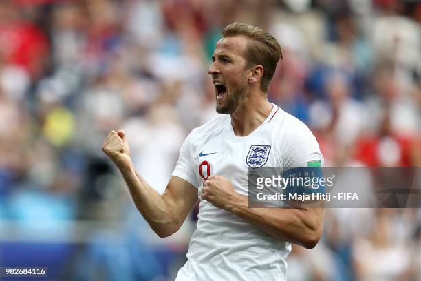 Harry Kane of England celebrates after scoring his team's fifth goal during the 2018 FIFA World Cup Russia group G match between England and Panama...