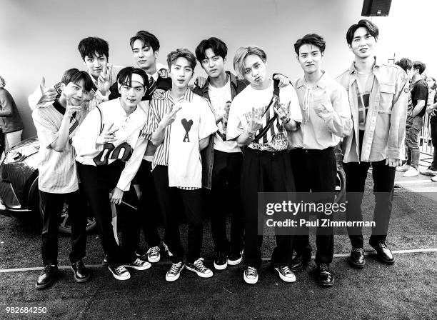 Hong Seok, Jin Ho, Hui, Yan An, Yeo One, Shin Won, E Dawn, Kino, Woo Seok and Yuto of Boy Band Pentagon pose at KCON Day 1 2018 NY presented by...