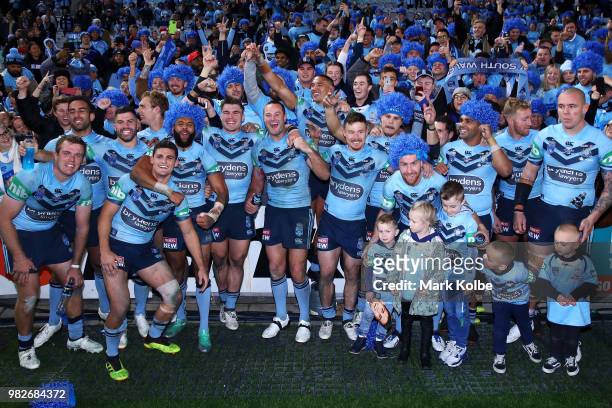 The Blues celebrate victory after game two of the State of Origin series between the New South Wales Blues and the Queensland Maroons at ANZ Stadium...
