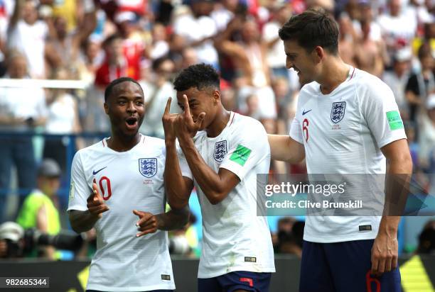 Jesse Lingard of England celebrates after scoring his team's third goal during the 2018 FIFA World Cup Russia group G match between England and...