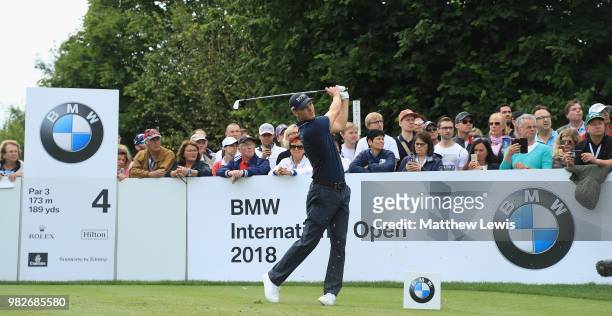 Martin Kaymer of Germany tees offon the 4th hole during day four of the BMW International Open at Golf Club Gut Larchenhof on June 24, 2018 in...
