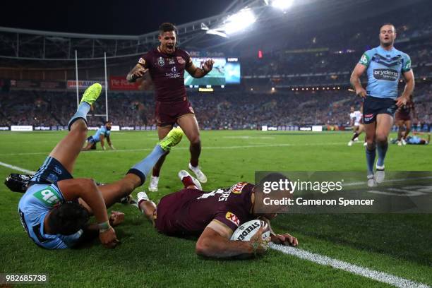 Will Chambers of Queensland scores a try during game two of the State of Origin series between the New South Wales Blues and the Queensland Maroons...