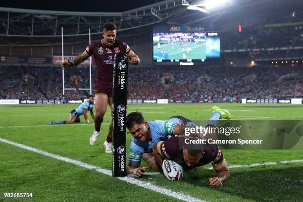 Will Chambers of Queensland scores a try during game two of the State of Origin series between the New South Wales Blues and the Queensland Maroons...