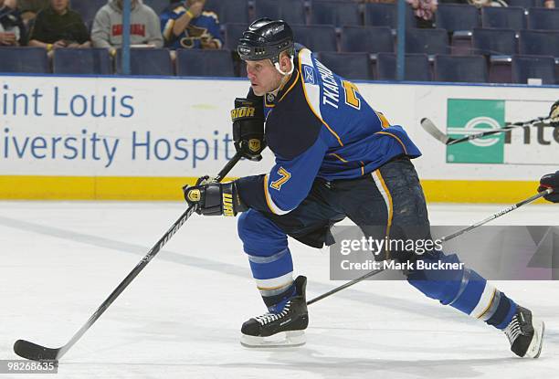 Keith Tkachuk of the St. Louis Blues skates against the Columbus Blue Jackets on April 5, 2010 at Scottrade Center in St. Louis, Missouri.