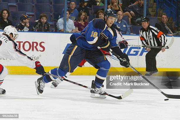 Jay McClement of the St. Louis Blues skates against the Columbus Blue Jackets on April 5, 2010 at Scottrade Center in St. Louis, Missouri.