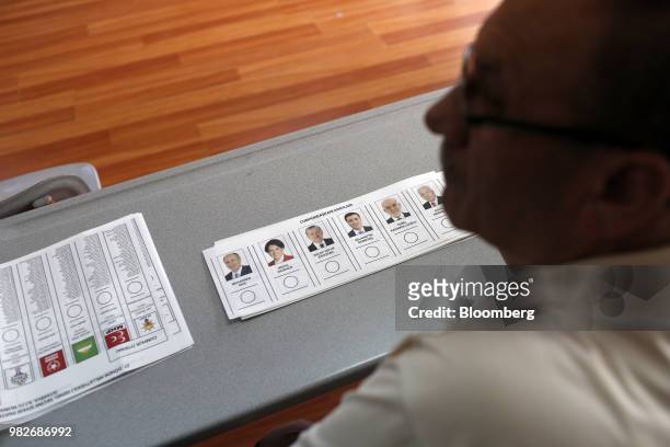 Pictures of Turkey's presidential candidates sit on a ballot paper at a polling station during parliamentary and presidential elections in the...