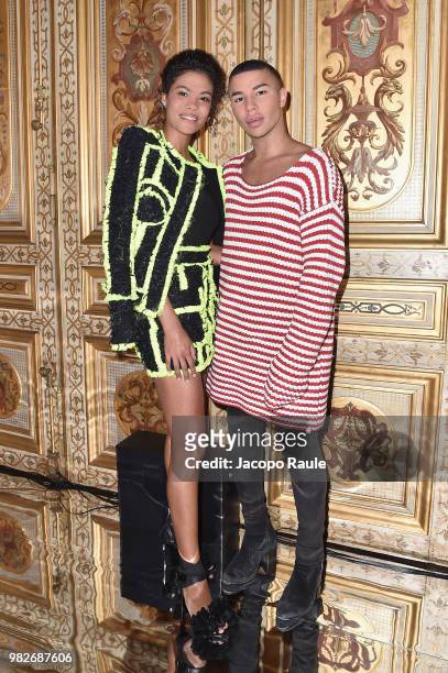 Tina Kunakey and Olivier Rousteing attend the Balmain Menswear Spring/Summer 2019 show as part of Paris Fashion Week on June 24, 2018 in Paris,...