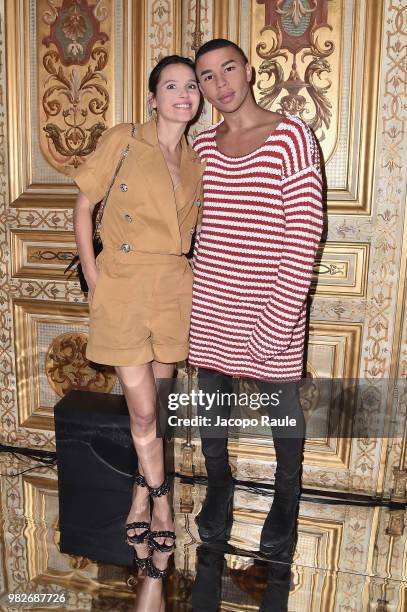 Virginie Ledoyen and Olivier Rousteing attend the Balmain Menswear Spring/Summer 2019 show as part of Paris Fashion Week on June 24, 2018 in Paris,...