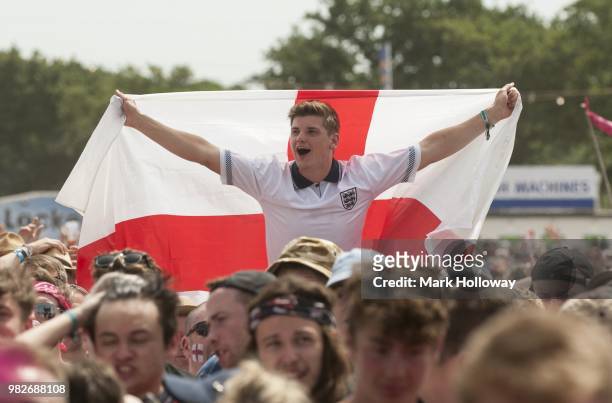 Festival-goers watching the England V's panama football game at Seaclose Park on June 24, 2018 in Newport, Isle of Wight.