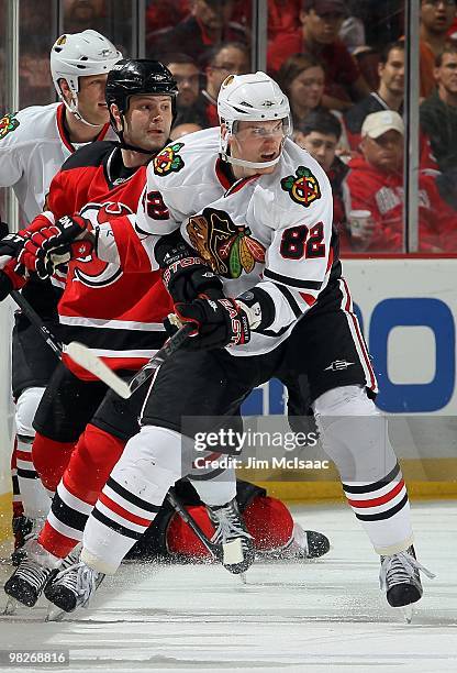 Tomas Kopecky of the Chicago Blackhawks skates against the New Jersey Devils at the Prudential Center on April 2, 2010 in Newark, New Jersey. The...