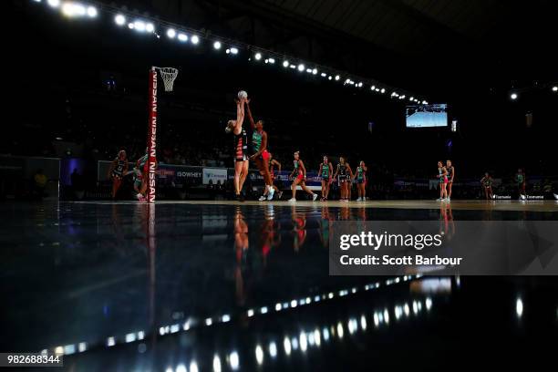 Caitlin Thwaites of the Magpies and Kadie-Ann Dehaney of the Vixens compete for the ball during the round eight Super Netball match between Magpies...