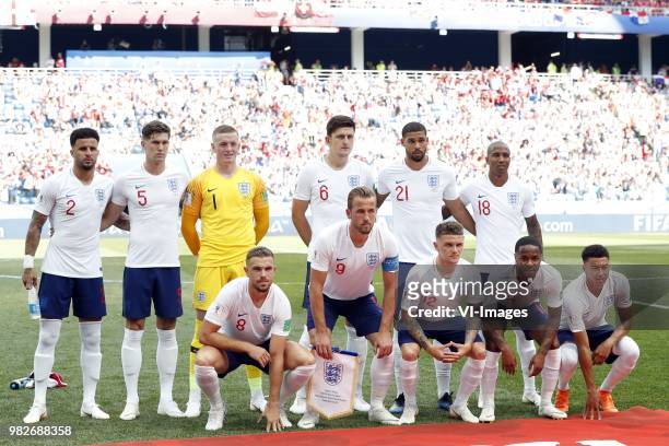 Back row Kyle Walker of England, John Stones of England, goalkeeper Jorden Pickford of England, Harry Maguire of England, Ruben Loftus-Cheek of...