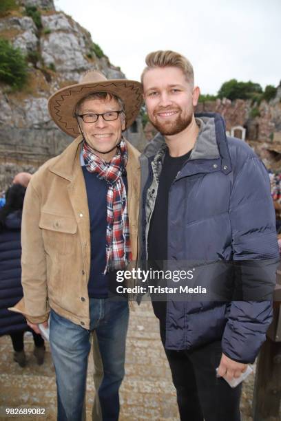 Thorsten Laussch and his son Jonathan Laussch during the 'Winnetou und das Geheimnis der Felsenburg' premiere on June 23, 2018 in Bad Segeberg,...