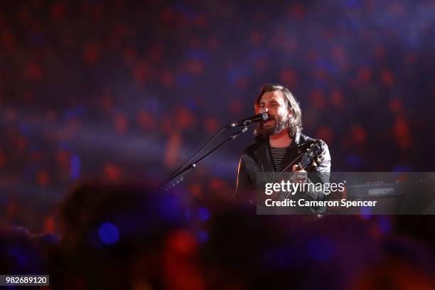 Chris Cester and his band JET perform during game two of the State of Origin series between the New South Wales Blues and the Queensland Maroons at...