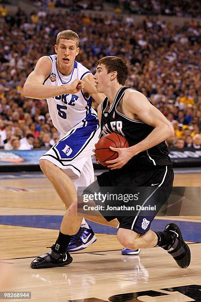 Gordon Hayward of the Butler Bulldogs drives in the first half against Mason Plumlee of the Duke Blue Devils during the 2010 NCAA Division I Men's...