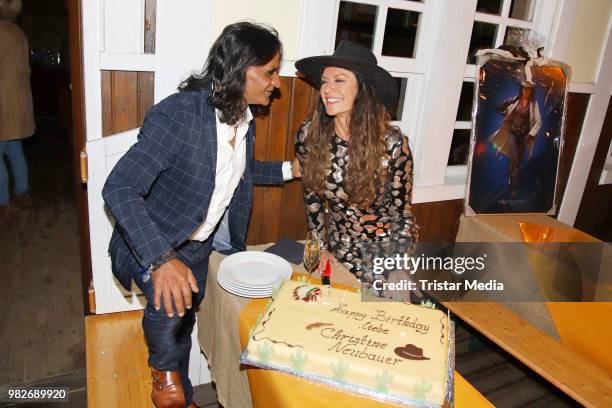 Christine Neubauer celebrates her 56th birthday with her boyfriend Jose Campus during the 'Winnetou und das Geheimnis der Felsenburg' premiere on...