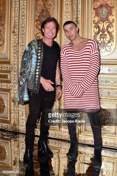 Petter Stordalen and Olivier Rousteing attend the Balmain Menswear Spring/Summer 2019 show as part of Paris Fashion Week on June 24, 2018 in Paris,...