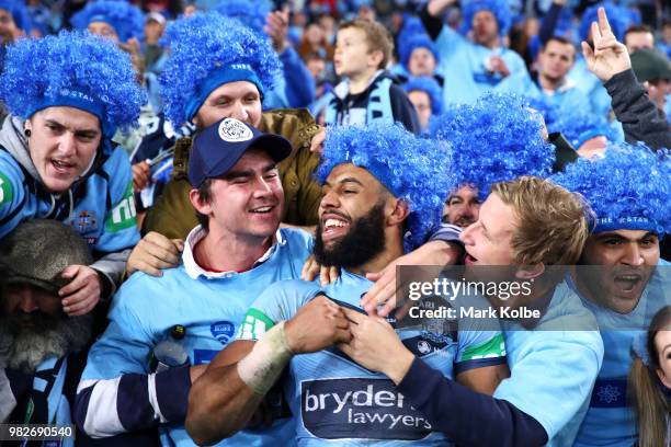 Josh Addo-Carr of the Blues celebrates with the crowd after victory in game two of the State of Origin series between the New South Wales Blues and...