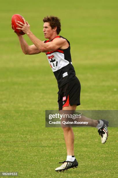 Lenny Hayes of the Saints marks during a St Kilda Saints AFL training session at Linen House Oval on April 6, 2010 in Melbourne, Australia.