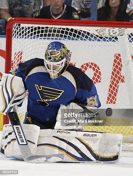 Chris Mason of the St. Louis Blues makes a save against the Columbus Blue Jackets on April 5, 2010 at Scottrade Center in St. Louis, Missouri.