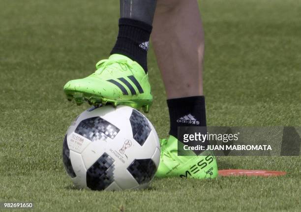 Argentina's forward Lionel Messi attends a training session at the team's base camp in Bronnitsy, near Moscow, Russia on June 24, 2018 ahead of the...