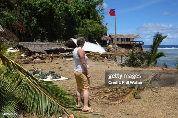 Owner Wendy Booth looks on at the devastation of her destroyed Seabreeze resort following the 8.3 magnitude strong earthquake which struck 200km from...