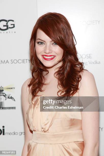 Actress Emma Stone attends the Cinema Society with UGG & Suffolk County Film Commission host a screening of "Paper Man" at the Crosby Street Hotel on...