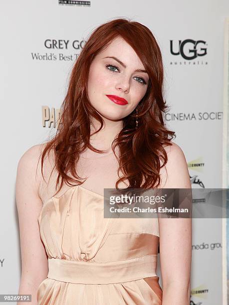 Actress Emma Stone attends the Cinema Society with UGG & Suffolk County Film Commission host a screening of "Paper Man" at the Crosby Street Hotel on...
