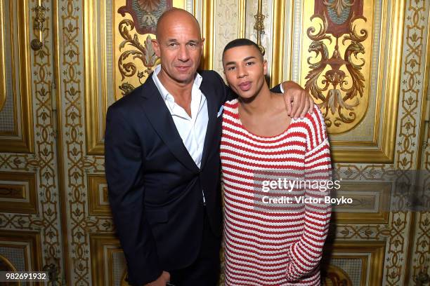 Massimo Piombini and Olivier Rousteing attend the Balmain Menswear Spring/Summer 2019 show as part of Paris Fashion Week on June 24, 2018 in Paris,...