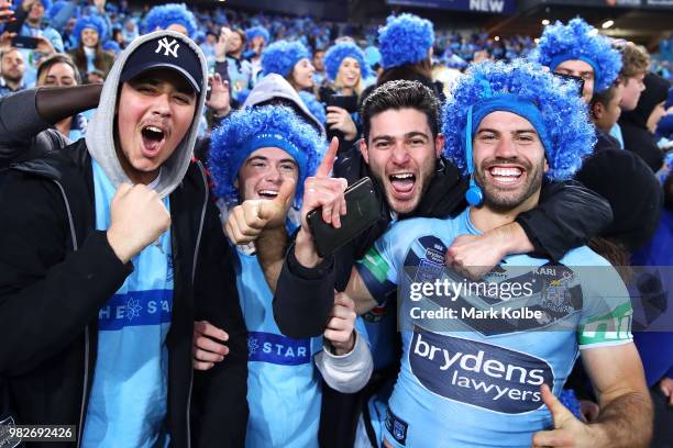 James Tedesco of the Blues celebrates with the crowd after victory in game two of the State of Origin series between the New South Wales Blues and...