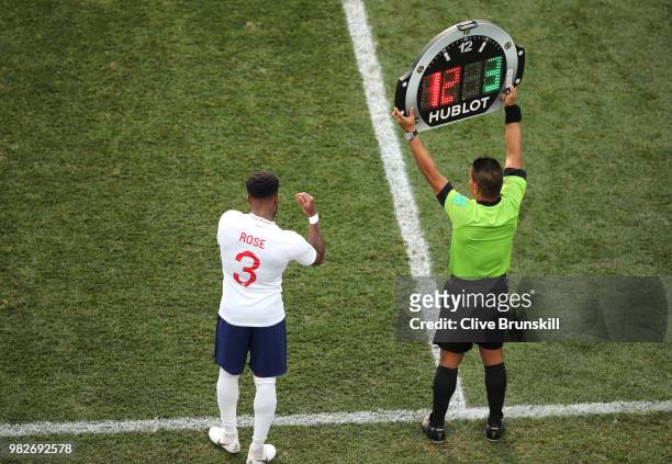 Danny Rose of England prepares to come on as a substitute during the 2018 FIFA World Cup Russia group G match between England and Panama at Nizhny...