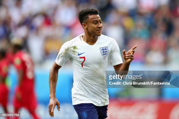 Jesse Lingard of England celebrates after scoring his sides third goal during the 2018 FIFA World Cup Russia group G match between England and Panama...