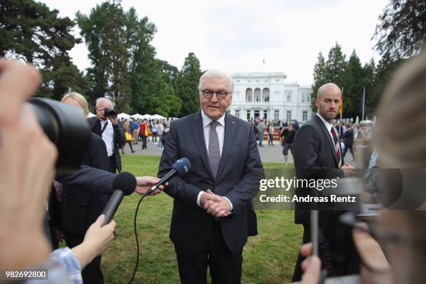 German President Frank-Walter Steinmeier gives an interview to the medias during the open-house day at the Villa Hammerschmidt on June 24, 2018 in...