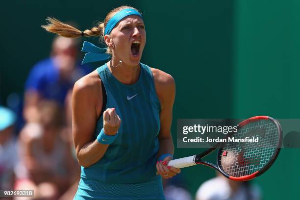 Petra Kvitova of the Czech Republic celebrates a point during her singles Final match against Magdalena Rybarikova of Slovakia during day nine of the...